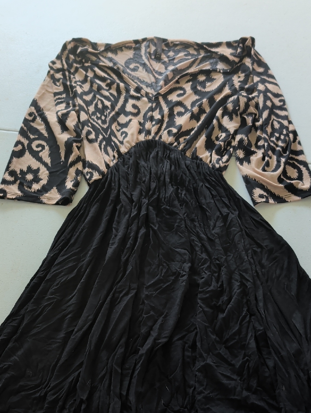 Voll Style Black & Beige Patterned Long Sleeve Dress